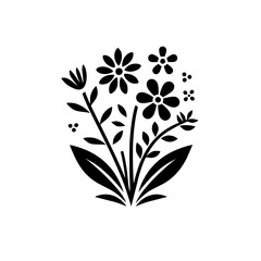 Minimalist Floral Bouquet: Bold Black Silhouettes of Daisies, Leaves, and Accents Against White, Evoking Simplicity and Nature's Beauty.