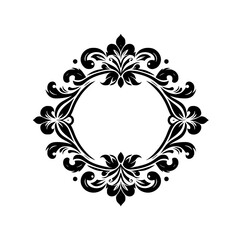Elegant Black and White Floral Frame: An intricate symmetrical design with a central circular void, adorned with stylized leaves, scrolls, and decorative flourishes, set against a stark white backgrou