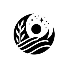 Black and white circular logo featuring a stylized night scene with a crescent moon, stars, rolling hills, a sun and foliage.