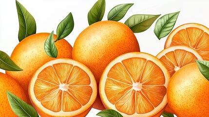 Realistic illustration of oranges with leaves in vector style on white background, suitable for commercial use. High - resolution clip art featuring fresh, plump oranges, leaves, and a clean backdrop.