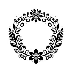 Intricate Black Floral Wreath on White: A symmetrical design of stylized flowers, leaves, and swirling vines in a decorative circular arrangement.
