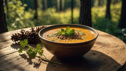A bowl of soup garnished with herbs, set in a serene forest environment.