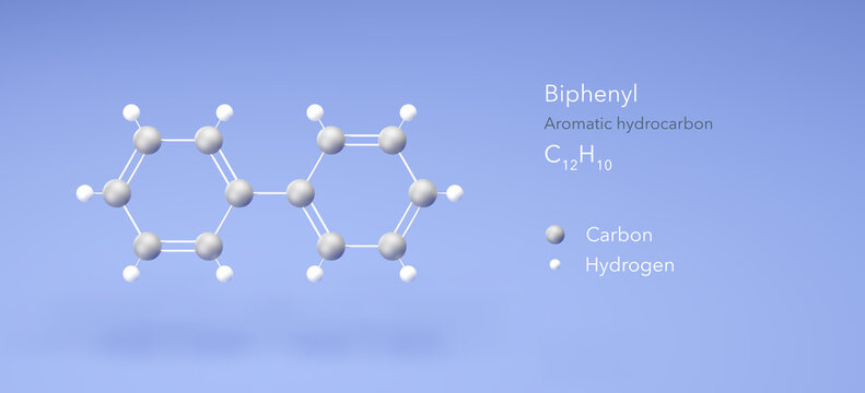 biphenyl molecule, molecular structure, aromatic hydrocarbon 3d model, Structural Chemical Formula and Atoms with Color Coding