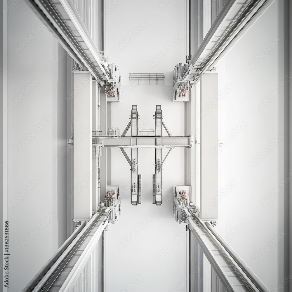Poster monochromatic precision: an overhead view of a modern industrial crane with clean lines and minimali