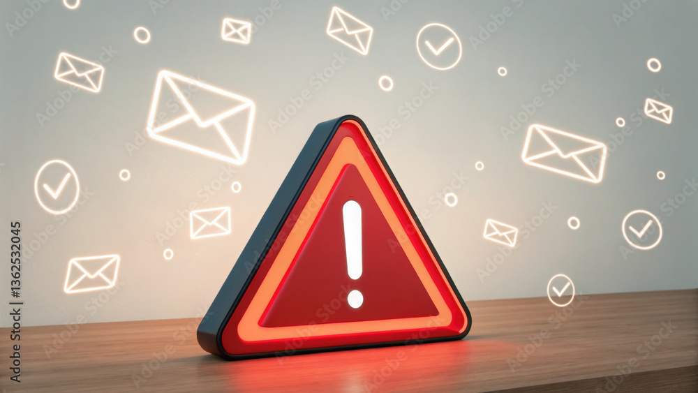 Poster digital alert: a striking red alert triangle with an exclamation point commands attention, floating 