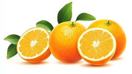 Fototapeta premium Realistic illustration of oranges with leaves in vector style on white background, suitable for commercial use. High - resolution clip art featuring fresh, plump oranges, leaves, and a clean backdrop.