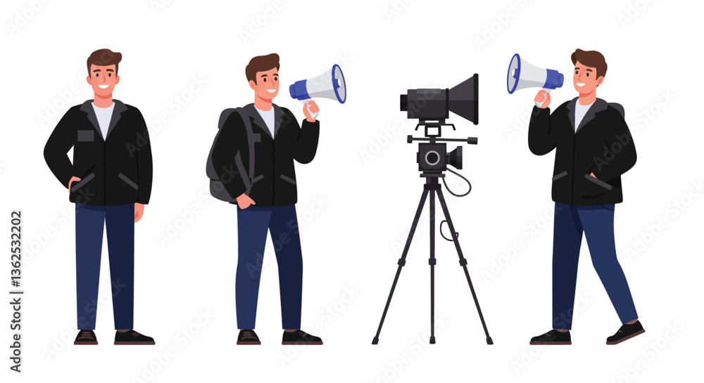 Poster young man with megaphone in flat vector art style showcasing communication and expression