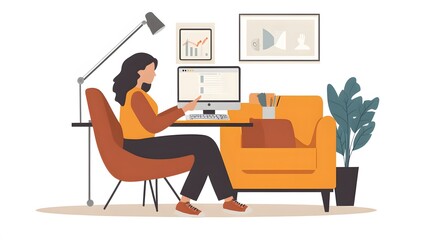 Fototapeta premium Young woman working on laptop, modern workspace with cozy chair and indoor plant, perfect for remote work or study.
