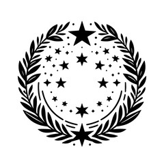 Obraz premium A symmetrical black and white circular illustration featuring stars of varying sizes encircled by an olive branch wreath.