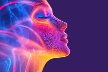 Obraz premium Vibrant digital art depiction of a serene female profile in neon colors