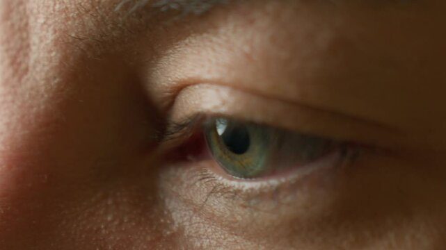 Macro shot of human eye with green iris in pupil. Close up of woman face in dark room
