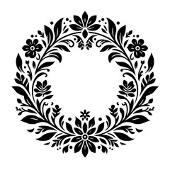 A symmetrical monochrome floral wreath in a circular arrangement, with intricate leaves, detailed flowers, and various delicate flourishes set against a clean white backdrop.