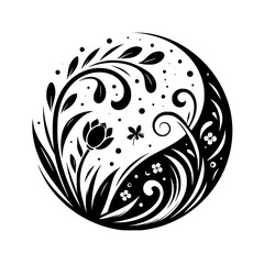 A symmetrical, minimalist botanical illustration within a circle featuring stylized flowers, leaves, and flowing lines, evoking a sense of balance and natural elegance.