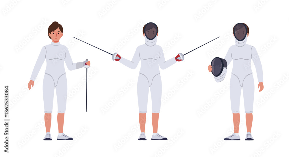 Poster fencing athlete in action poses with minimal design style vector art