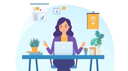 Woman working on laptop, casual workspace with plants, focused on multitasking and productivity, ideal for work-related themes.