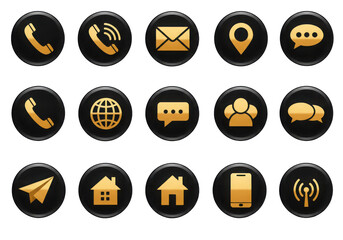 Collection of golden contact icons on black circular buttons arranged in a grid pattern