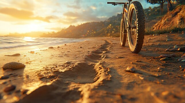 Mountain bike on a sandy beach at sunset. A close-up view of the bike's tire on the beach as the sun sets over the ocean - Powered by Adobe