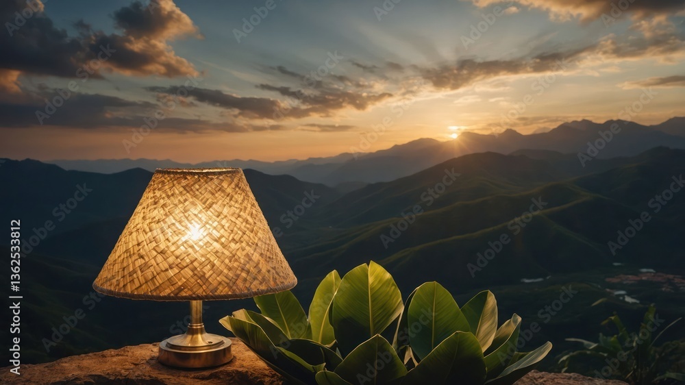 Poster a serene sunset view with a lamp and plants, creating a tranquil atmosphere.
