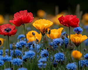 Naklejka premium Floral landscape vibrant, multicolored meadow blooms in red, yellow, and blue
