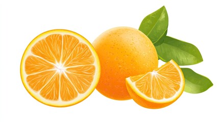 Fototapeta premium Realistic illustration of oranges with leaves in vector style on white background, suitable for commercial use. High - resolution clip art featuring fresh, plump oranges, leaves, and a clean backdrop.