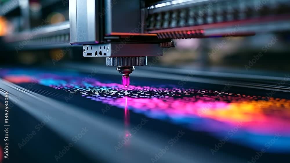 Poster close-up of a high-tech dtf printer ejecting vibrant ink droplets onto fabric, creating a stunning m