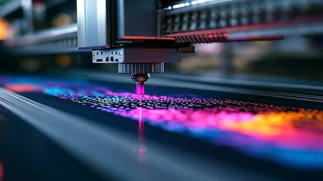 Close-up of a high-tech DTF printer ejecting vibrant ink droplets onto fabric, creating a stunning multicolored textile design with exceptional precision.