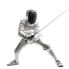A fencer in white uniform and protective gear is positioned in a lunge, foil in hand, poised for action against a bright white background.