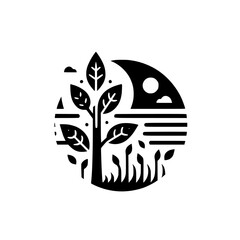 A stylized monochrome landscape: a tree with leaves against a backdrop of the moon and water, enclosed within a circular frame, minimalist design.