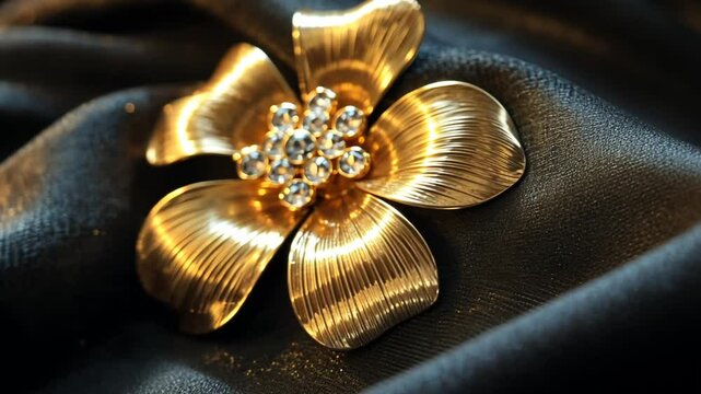 Exquisite golden flower brooch on flowing black silk, detailed jewelry still life