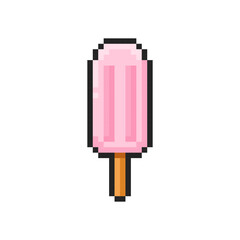 Pixel strawberry ice cream on a stick isolated on transparent background. Pixelated badge, game asset or computer arcade item. Popsicle icon. Vector pixel art illustration in 16 bit old style.