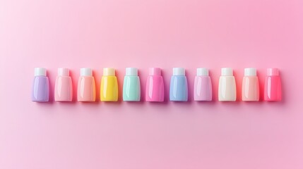 Colorful lip balms in gradient arrangement, playful pastel shades lined up against a soft pink background, perfect for beauty themes
