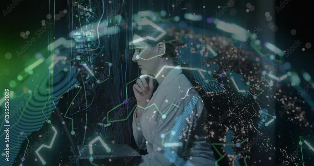 Aufkleber contemplating digital network and data visualization, person in futuristic school setting
