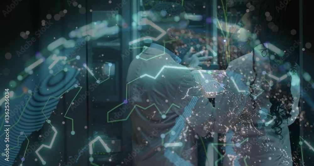Poster in laboratory, scientists using animation for digital network and data visualization