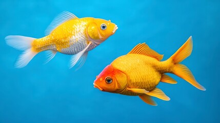 Fototapeta premium Bright Orange Goldfish Swimming in Clear Blue Water Together