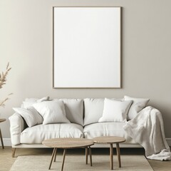 Minimalist living room with white sofa, wooden coffee tables, and blank frame.