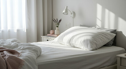 White Bedroom With Sunlight And Soft Textiles