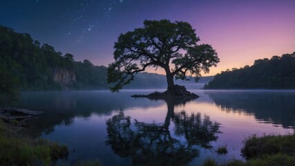Serene landscape featuring a solitary tree reflected in calm water under a starry sky.