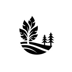 A minimalist black and white logo design featuring a stylized tree with large leaves and two pine trees, set on a curved landscape, representing nature's tranquility.