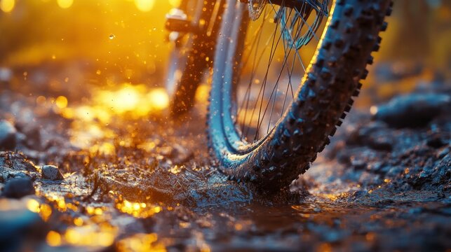 Mountain bike tire in muddy trail