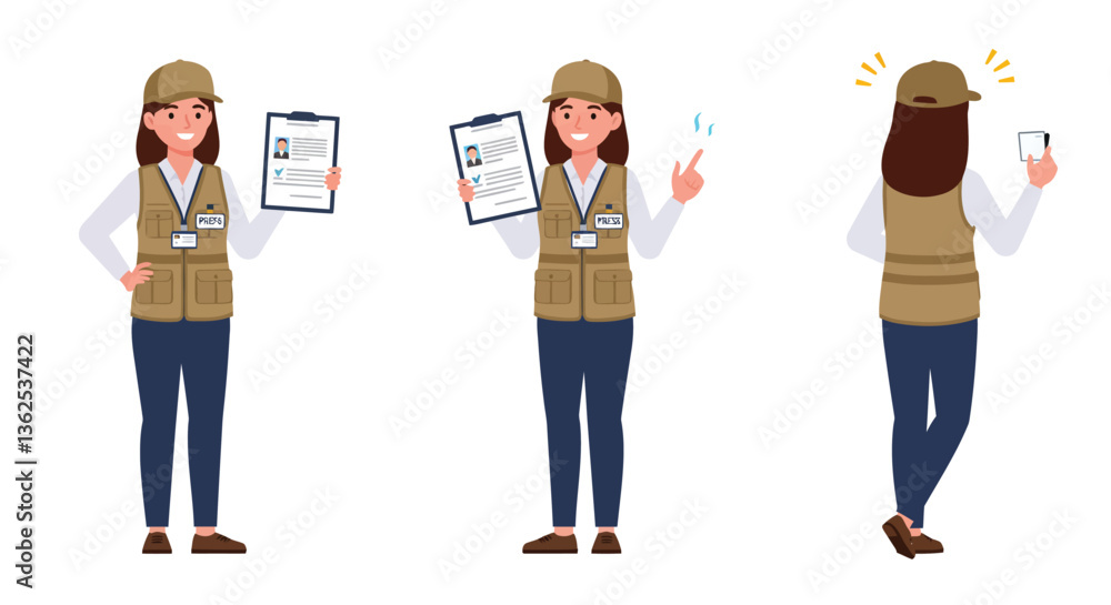 Poster female character showing documents with a cheerful expression in flat vector art