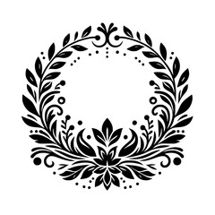 Elegant Black and White Floral Wreath Design with intricate leaf, floral, and decorative elements, perfect for invitations or decorative designs.