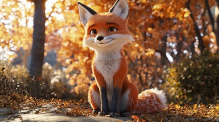 Obraz premium Autumnal Fox Sitting Forest Background Illustration