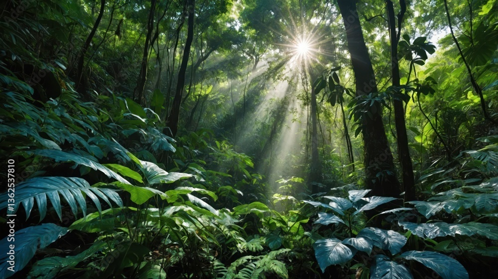 Poster lush green forest with sunlight filtering through trees, creating a serene atmosphere.
