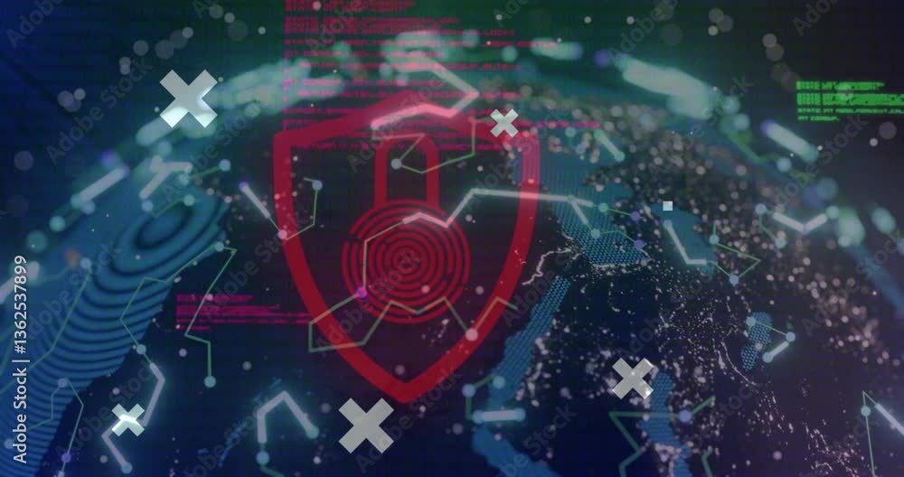 Poster Visualizing global network, digital security shield with data processing animation