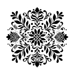 Symmetrical Black Floral Mandala with intricate vine-like details on a pristine white background, creating a bold, elegant contrast.