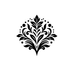 Elegant Black and White Floral Ornament: Symmetrical, Detailed Design with Leaves and Curlicues, Evoking Classic and Decorative Artistry.