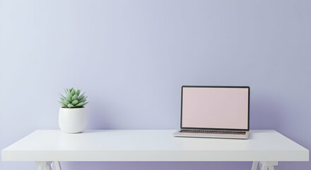 Modern Laptop On White Desk Against Pastel Purple Wall