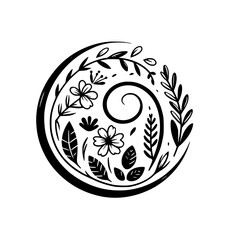 Monochromatic Floral Mandala: A swirling botanical design with a central spiral, featuring stylized flowers, leaves, and branches forming an elegant, circular composition against a clean white backgro
