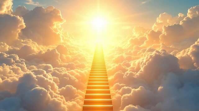  Ladder or way heavens gate in paradise. After life concept. Stairs to heaven in beautiful blue cloudy sky. God light. Stairway through clouds leading to heavenly light in spiritual fantasy. Religion.