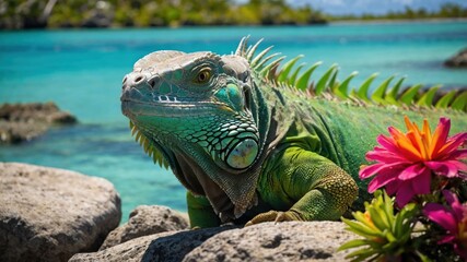 Fototapeta premium A vibrant iguana rests on rocks near a tropical beach with clear blue waters and flowers.